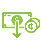 green cash check icon showing dollar bill, coins and down arrow