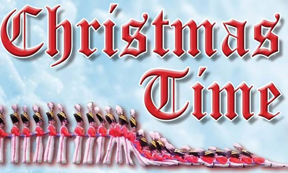 image with the words ChristmasTime above a line of toy soldier dancers falling down