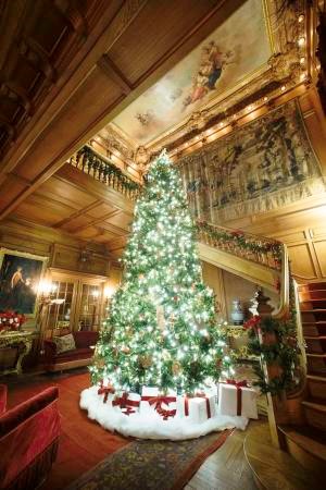 image of decorated Christmas tree in lobby of Staatsburg Historic Site